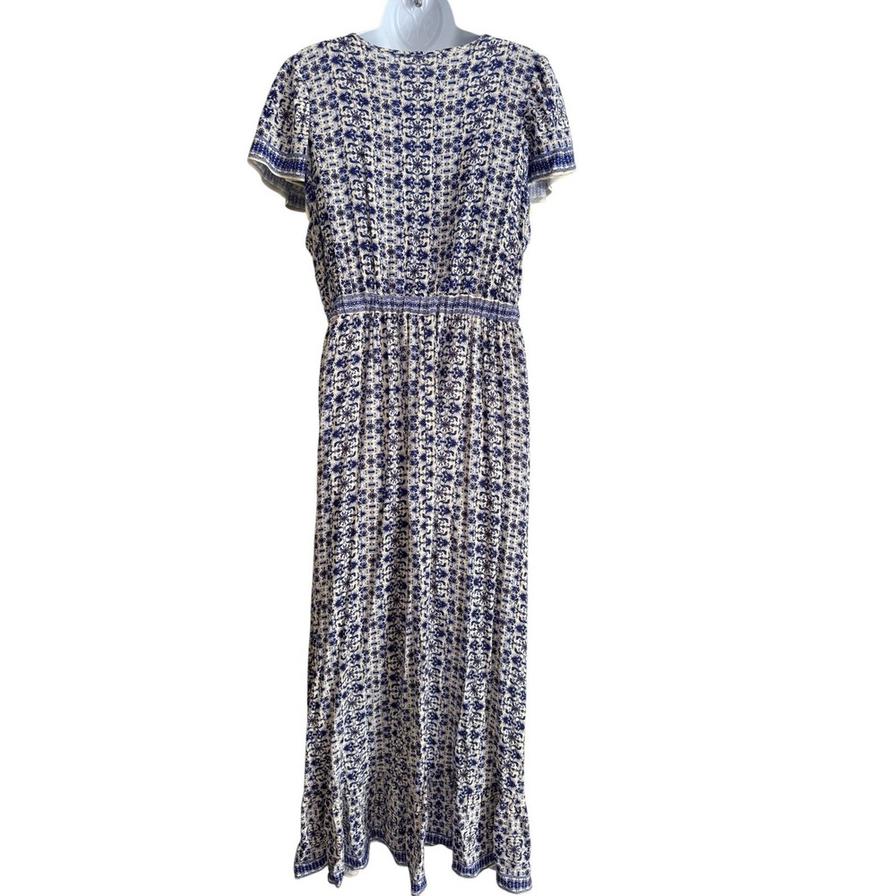 Boho Maxi Dress L Blue White Floral Deep V Empire Waist Cottagecore Vacation - Picture 6 of 10